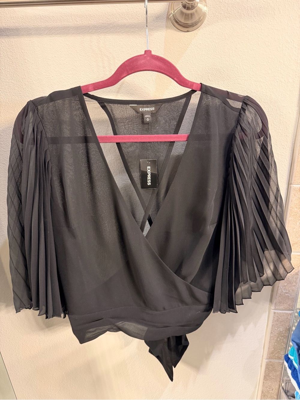 Express Black Pleated-Sleeve Wrap Blouse
